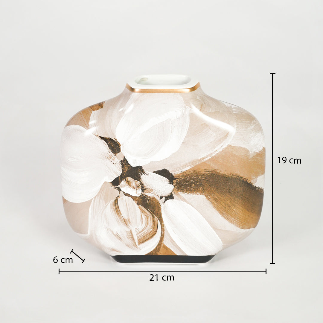 White and brown ceramic vase dimension image with 19 cm height and 21 cm width for modern shelf decor.