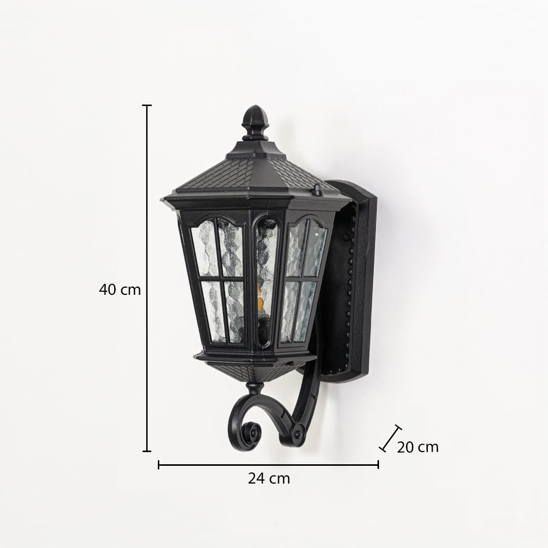 Outdoor wall light measuring 40 cm height 24 cm width and 20 cm depth displayed on white background with dimensions.
