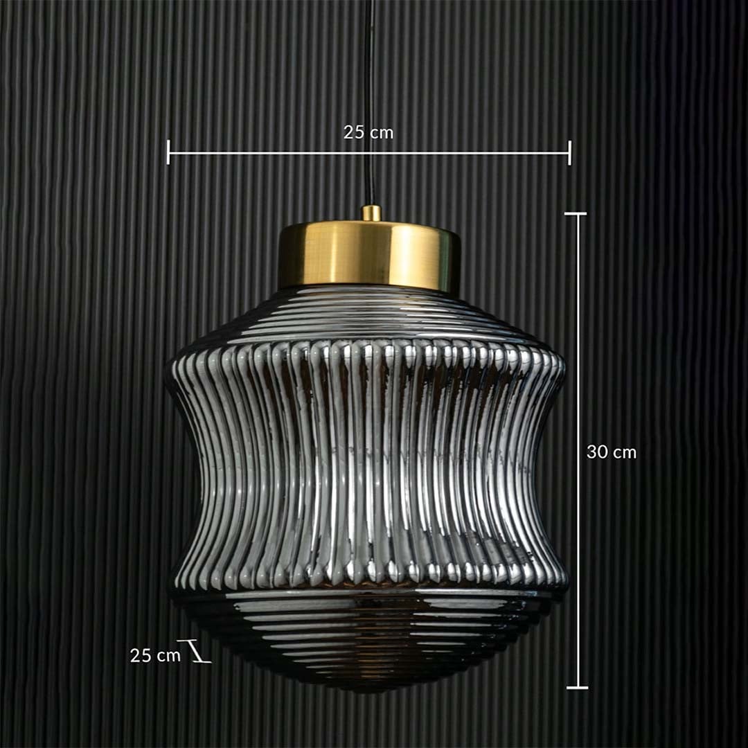Ribbed smoked glass pendant light with gold cap displayed with height 30 cm and width 25 cm offering clear accurate measurement reference.