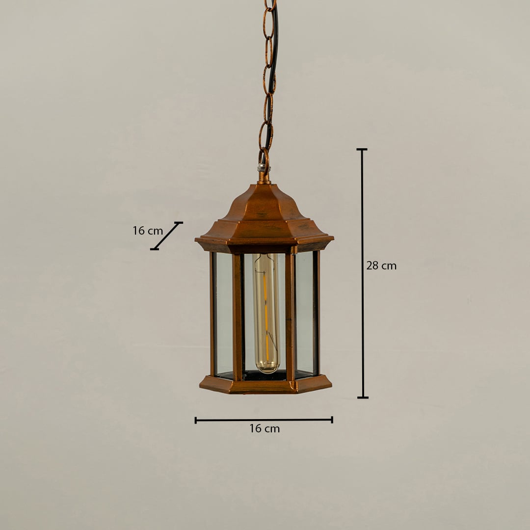 Copper outdoor hanging lantern showing dimensions 28 cm height and 16 cm width suitable for accurate placement on porch and balcony ceilings.