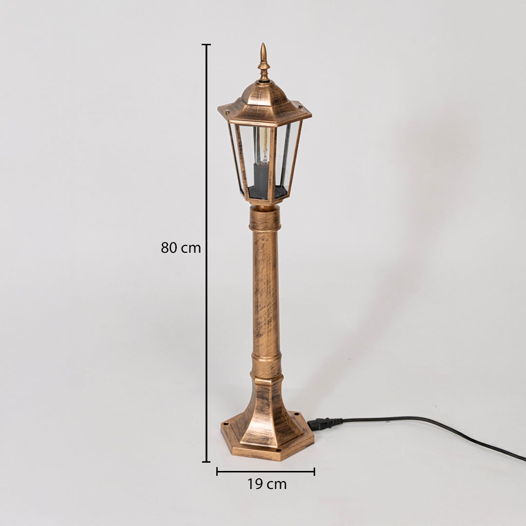 Pillar lamp post dimension image showing height 80 cm and width 19 cm with antique gold body and clear glass shade.
