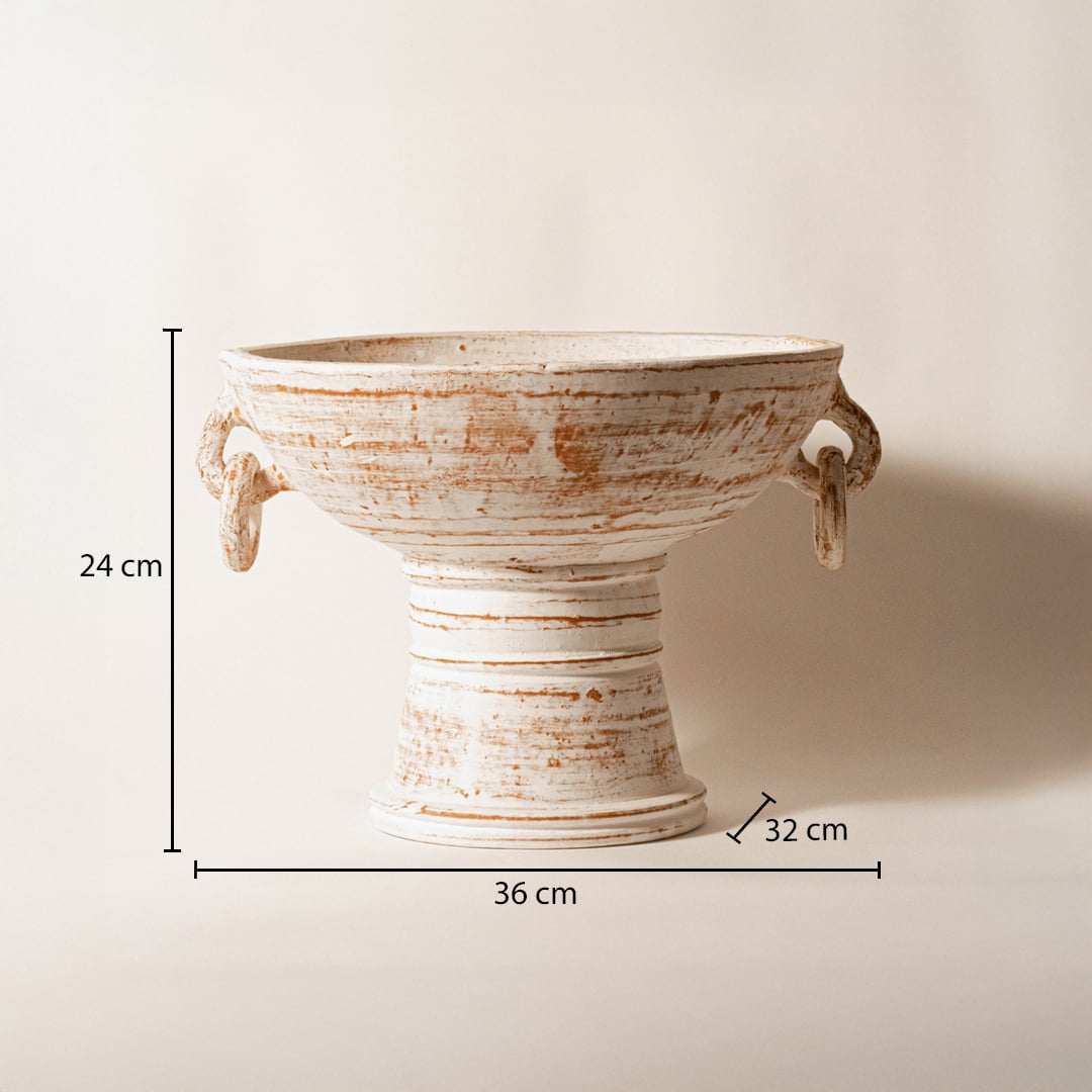 White ceramic decorative pedestal bowl measuring 24 cm height and 36 cm width for elegant tabletop decor.