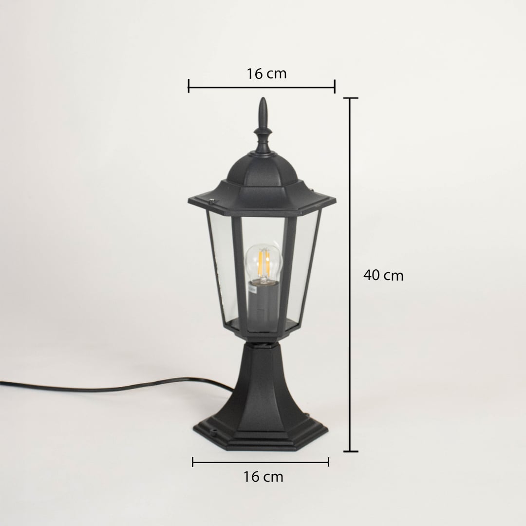 Black pillar lamp with modern design shown with dimensions height 40cm width 16cm base 16cm for outdoor garden and gate decor.