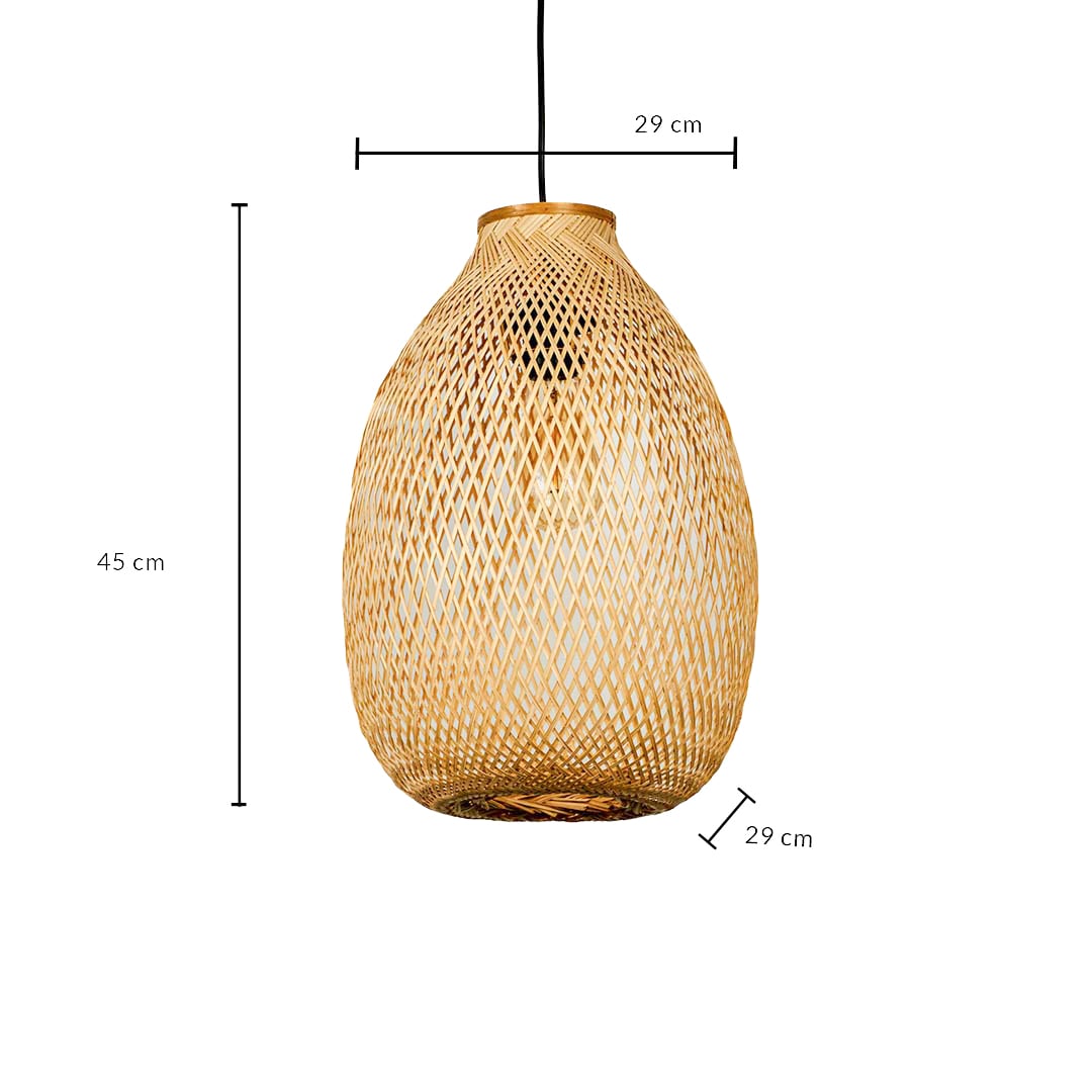 Dimension image of teardrop woven bamboo pendant light with fine wicker mesh showing 43 cm height and 29 cm width.