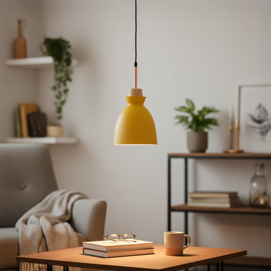 Modern yellow metal pendant light with wooden accent hanging from ceiling adding vibrant contemporary style to kitchen decor.