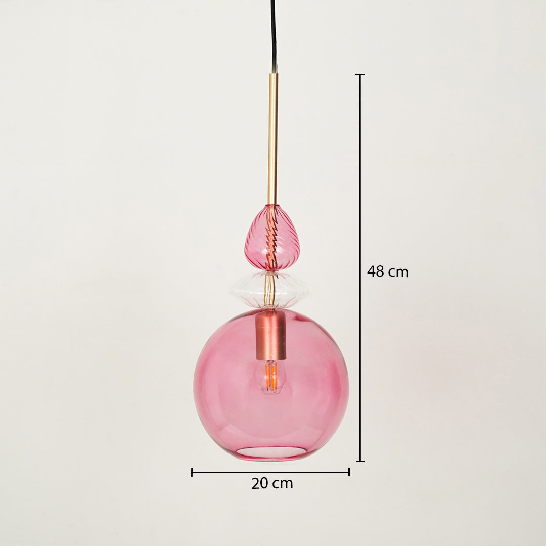 Modern pink glass pendant light measuring 44 cm height and 20 cm width displayed on white background.