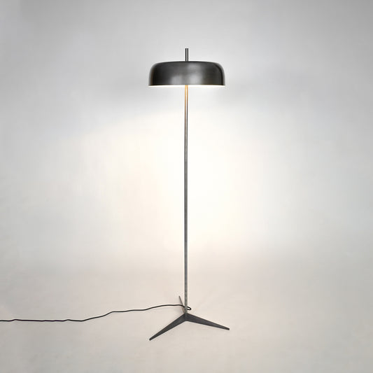 Black metal floor lamp with fabric shade for living room bedroom corner and home decor on white background image.
