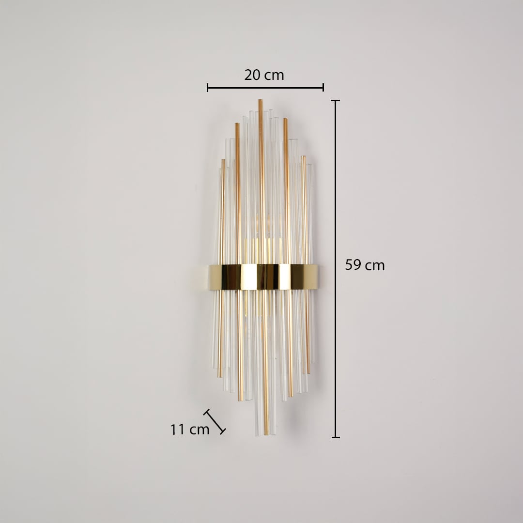 A gold wall light with clear rods displayed on a dark background showing full dimensions including 59 cm height 20 cm width and 11 cm depth in a detailed view.
