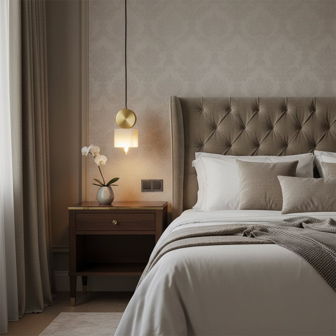 Gold metal pendant light with white fabric shade beside the bed adding warm luxurious elegance indoors.