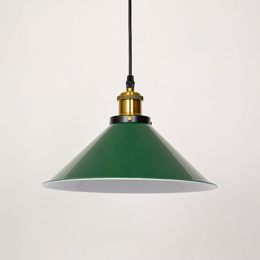 Green metal pendant light with brass holder displayed on white wall background perfect for elegant home interior decor.