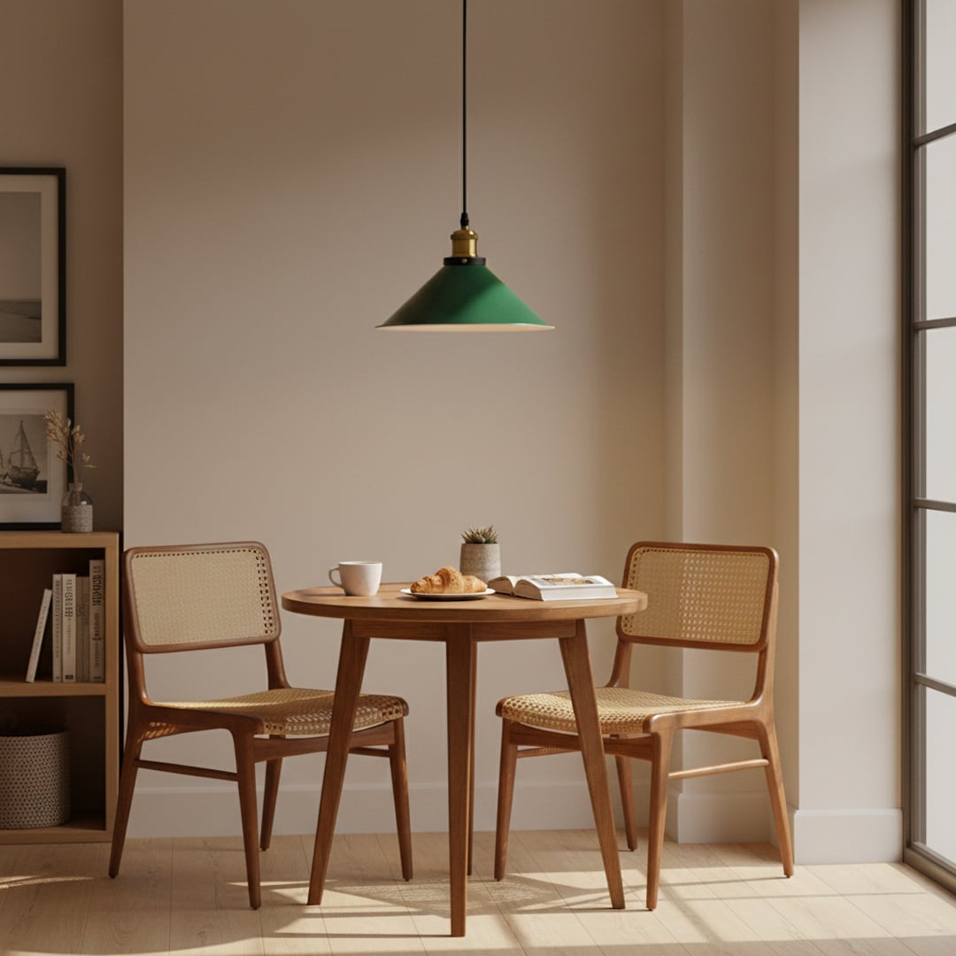 Green metal pendant light with brass details suspended above dining table creating elegant ambient decor.
