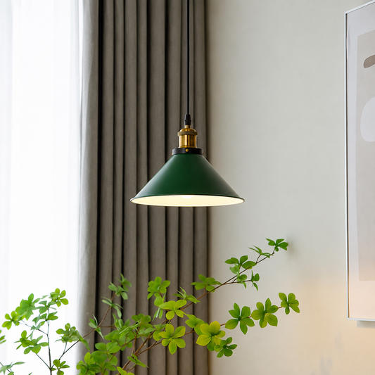 Lifestyle image of industrial green enamel pendant light for elegant dining room decor styling and modern home room lighting.