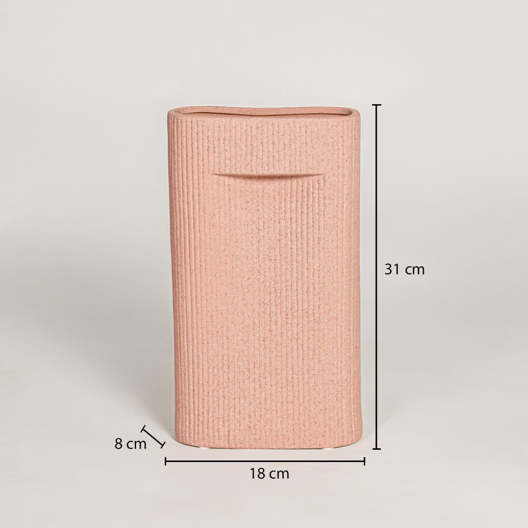 Peach ceramic textured rectangular vase measuring 31 cm height 18 cm width and 8 cm depth ideal for console decor display.