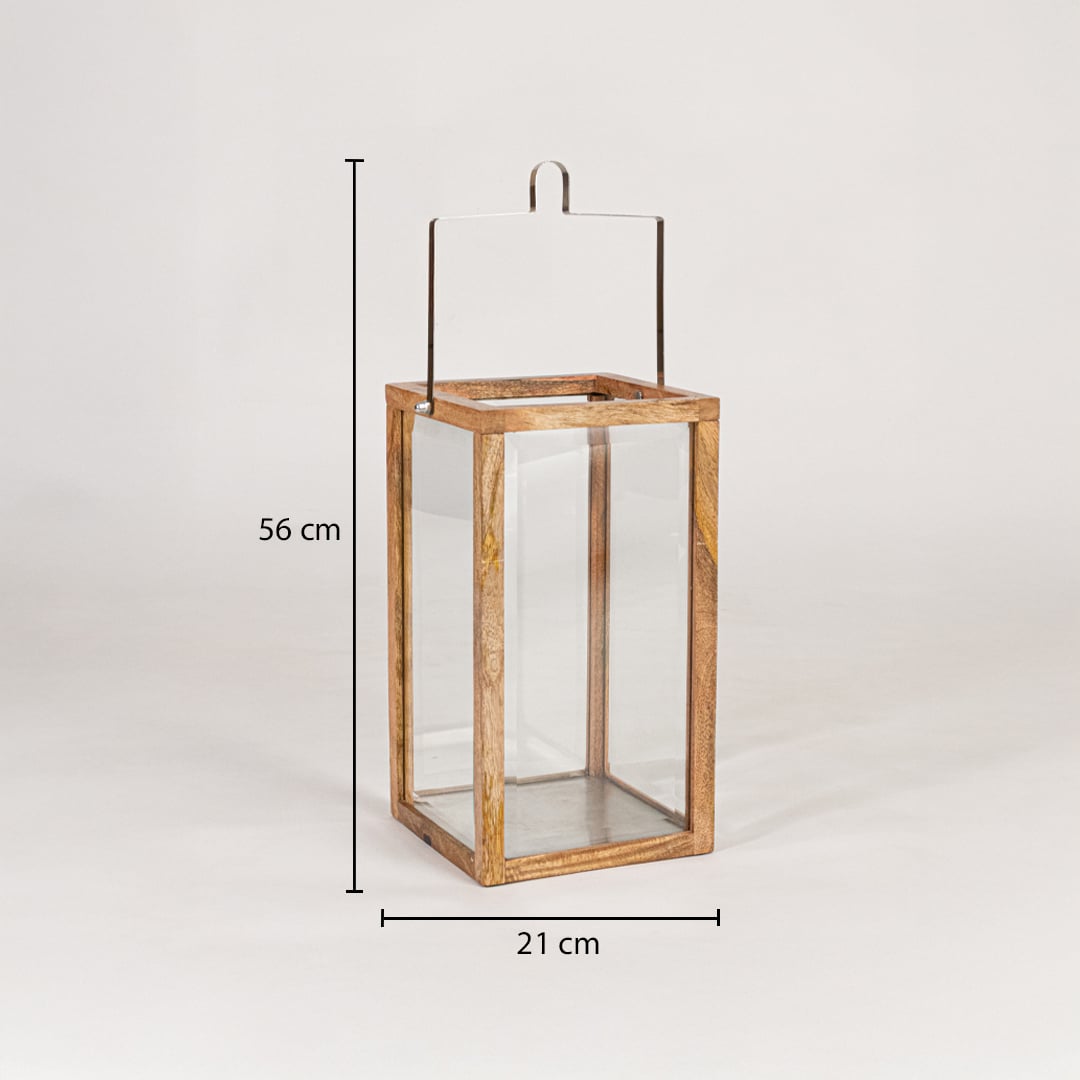 Wooden lantern with clear glass panels measuring 56 cm height and 21 cm width suitable for floor and tabletop Decor.
