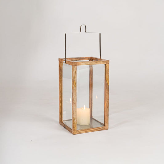 Decorative tall wooden lantern with glass panels on white background designed for floor placement and ambient Decor.