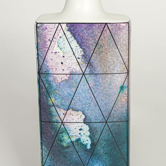 Closeup image of purple glass decorative panel for modern wall decor styling with artistic geometric detailing display.