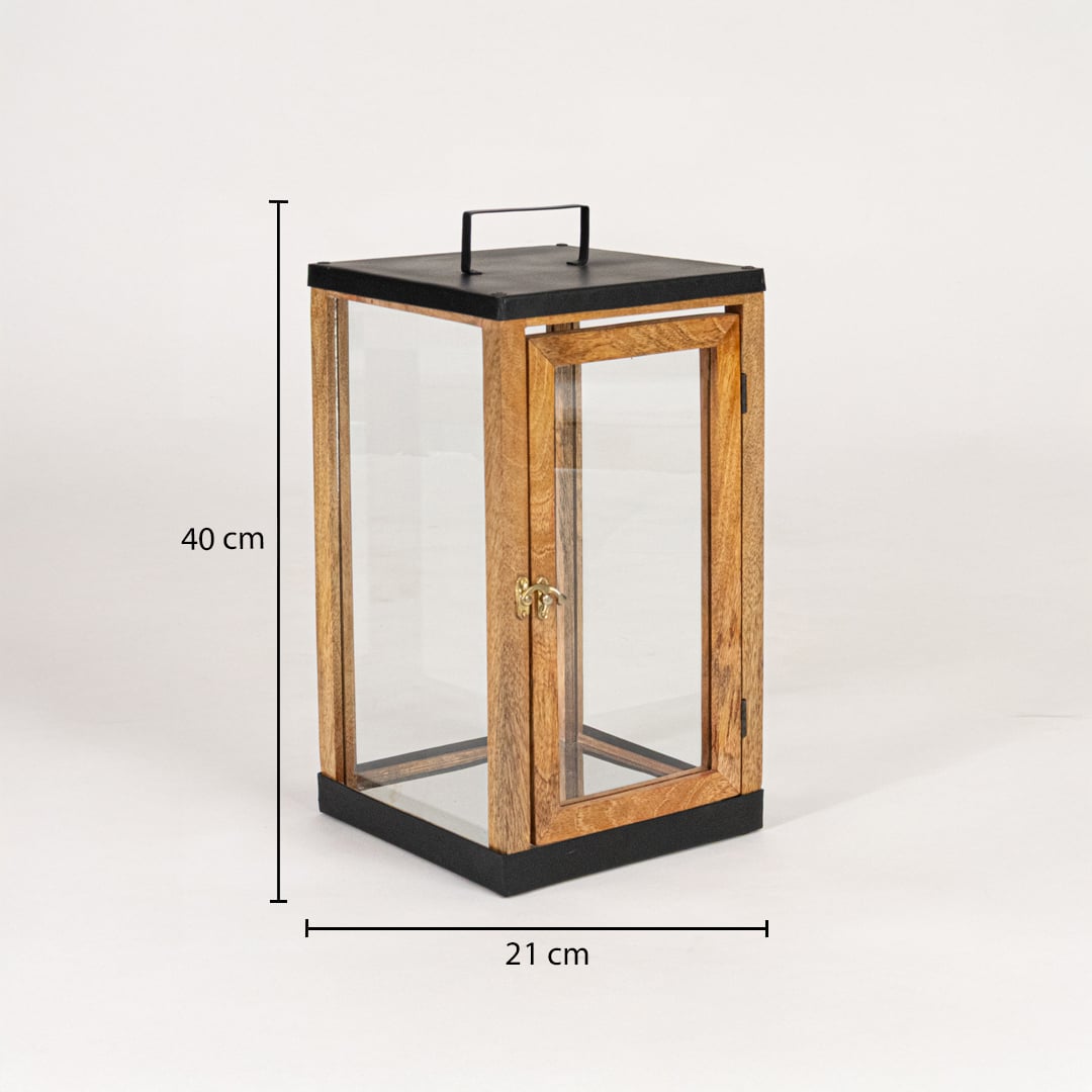 Wood and black metal lantern with glass panels measuring 40 cm height and 21 cm width ideal for floor and table Decor.