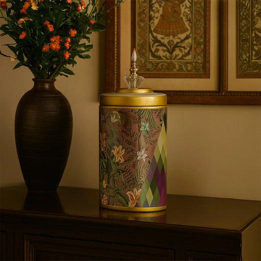 Botanical Bloom tall ceramic jar on a white background showcasing colorful floral artwork and diamond pattern detailing.