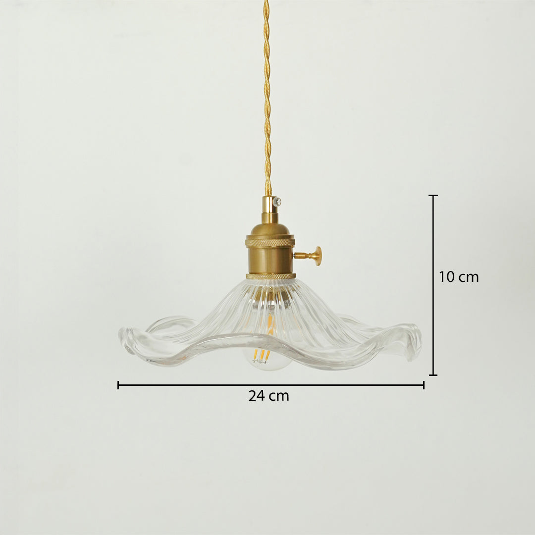 A clear ribbed glass pendant light with a brass fitting and gold-toned cord, shown against a light gray background with dimension markers indicating 24 cm width and 10 cm height.
