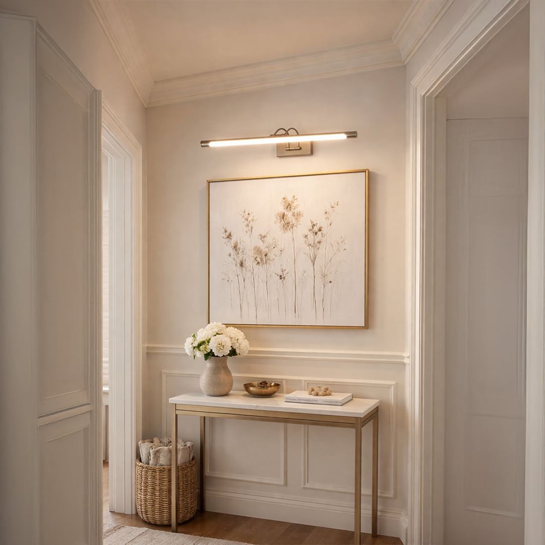 Gold metal picture light accentuating framed artwork above console table bringing gallery style elegance to interior spaces.