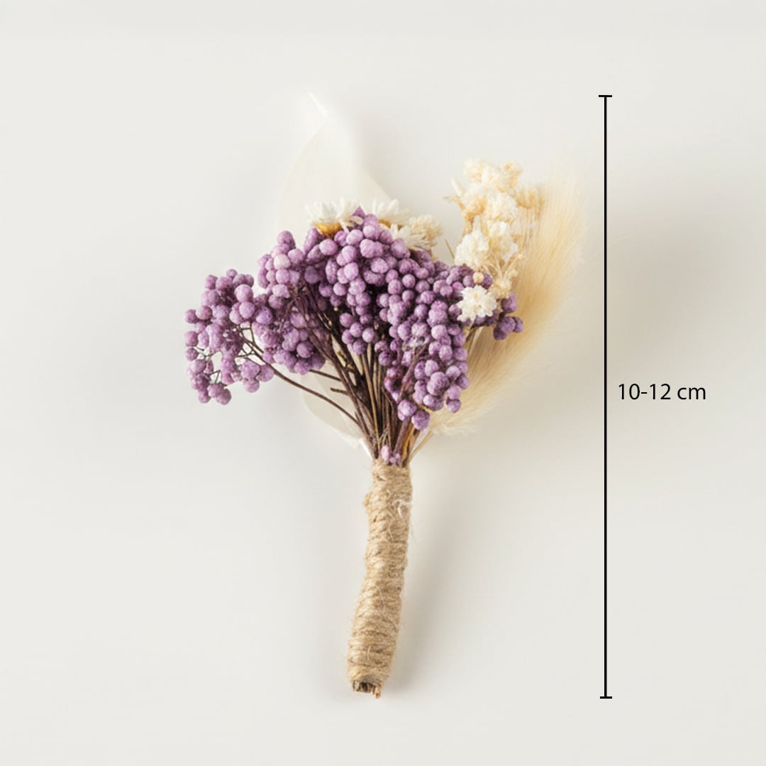 Dried flower bouquet with mixed blooms white accents and textured stems showing height 10 to 12 cm for tabletop Decor styling.