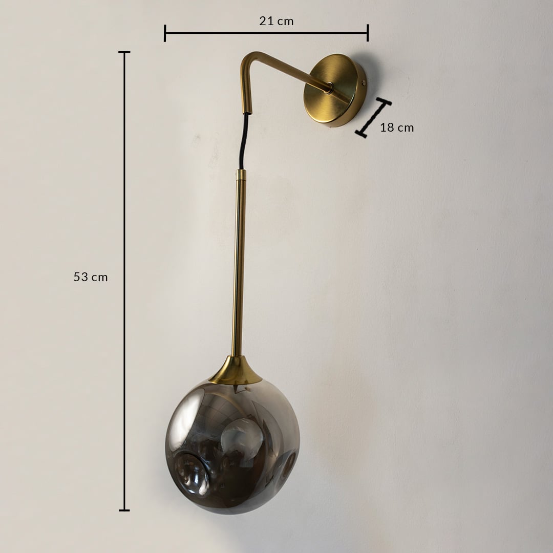 Smoked glass wall light with 53 cm height and 21 cm width displayed with measurements for premium home decor.