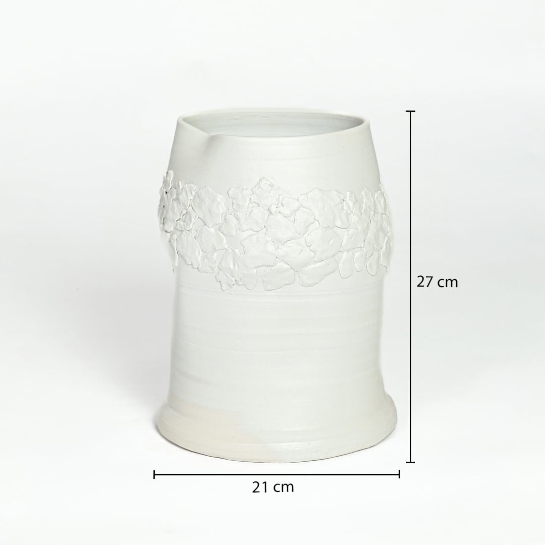 White ceramic textured floor vase measuring 27 cm height and 21 cm width perfect for elegant home decor placement.