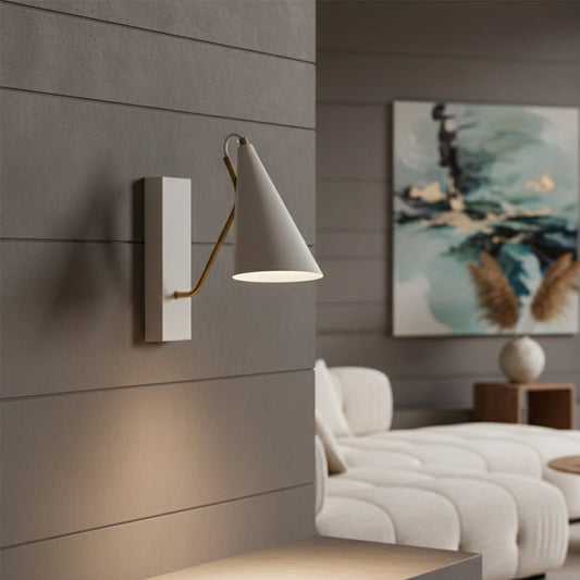 Modern white metal wall light for elegant living room and contemporary home decor styling spaces.