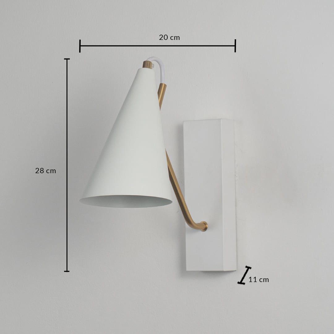 Modern wall light with white conical shade and gold arm shown against white background measuring 28cm height and 20cm width.