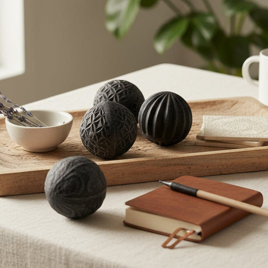 Black carved balls set styled on a wooden tray beside a notebook and ceramic bowl adding a bold accent to minimalist decor.