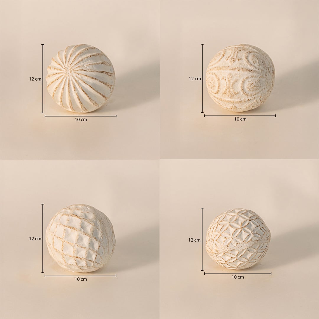 Decorative carved balls set each ball measuring approximately 12 cm tall and 10 cm wide - ideal for table decor or tray styling.