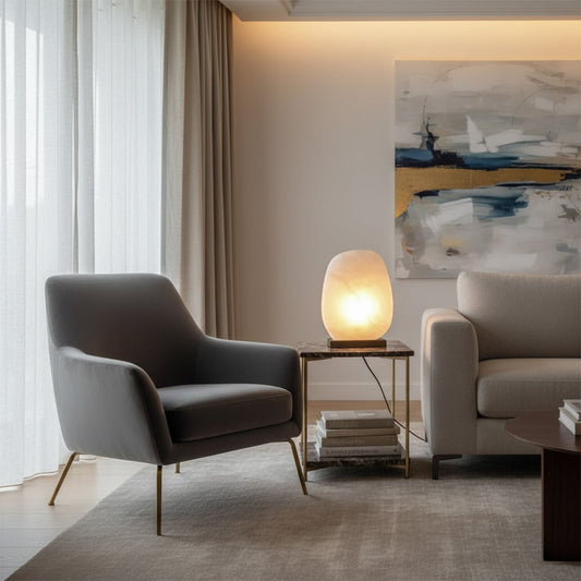 Table lamp with glass shade in warm tone placed beside armchair adding gentle ambient lighting and refined comfort to living room decor.