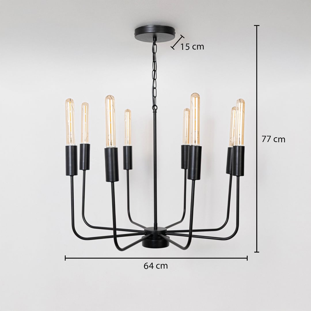 Modern black metal chandelier with Edison tube bulbs showing 77cm height 64cm width 15cm canopy on white background display.