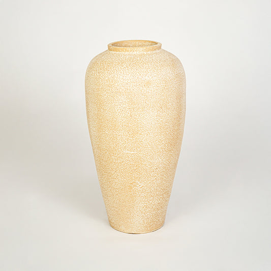 White background image of beige ceramic decorative vase for modern floor placement with rustic textured finish.