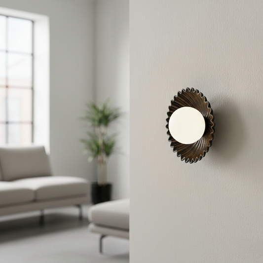 Wall light mounted on a calm modern wall creates a warm glow in a styled living space with soft seating natural light and a relaxed luxury mood.