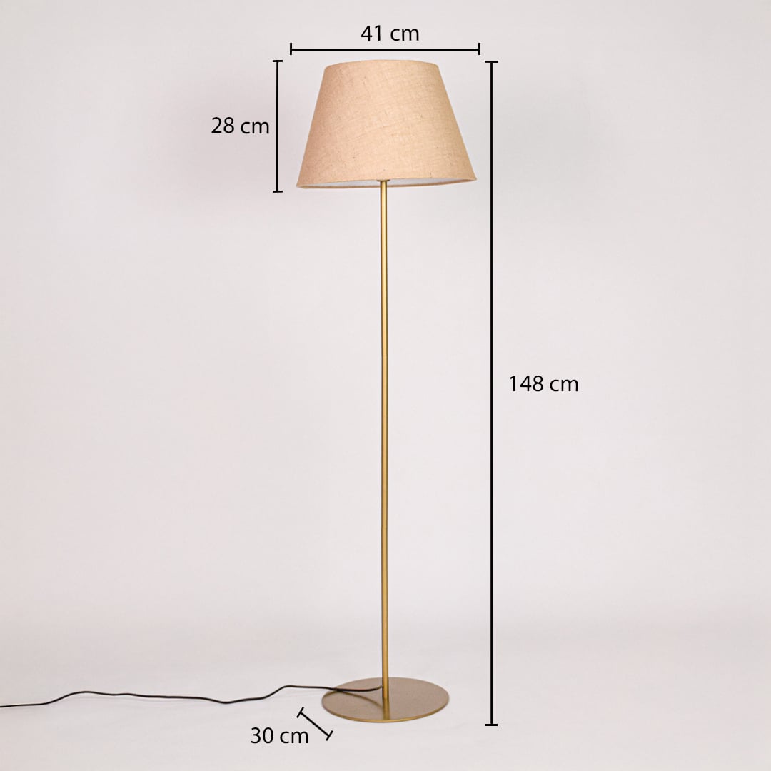 Floor lamp dimension image showing 148 cm height 41 cm shade width and 30 cm base diameter in gold metal finish.
