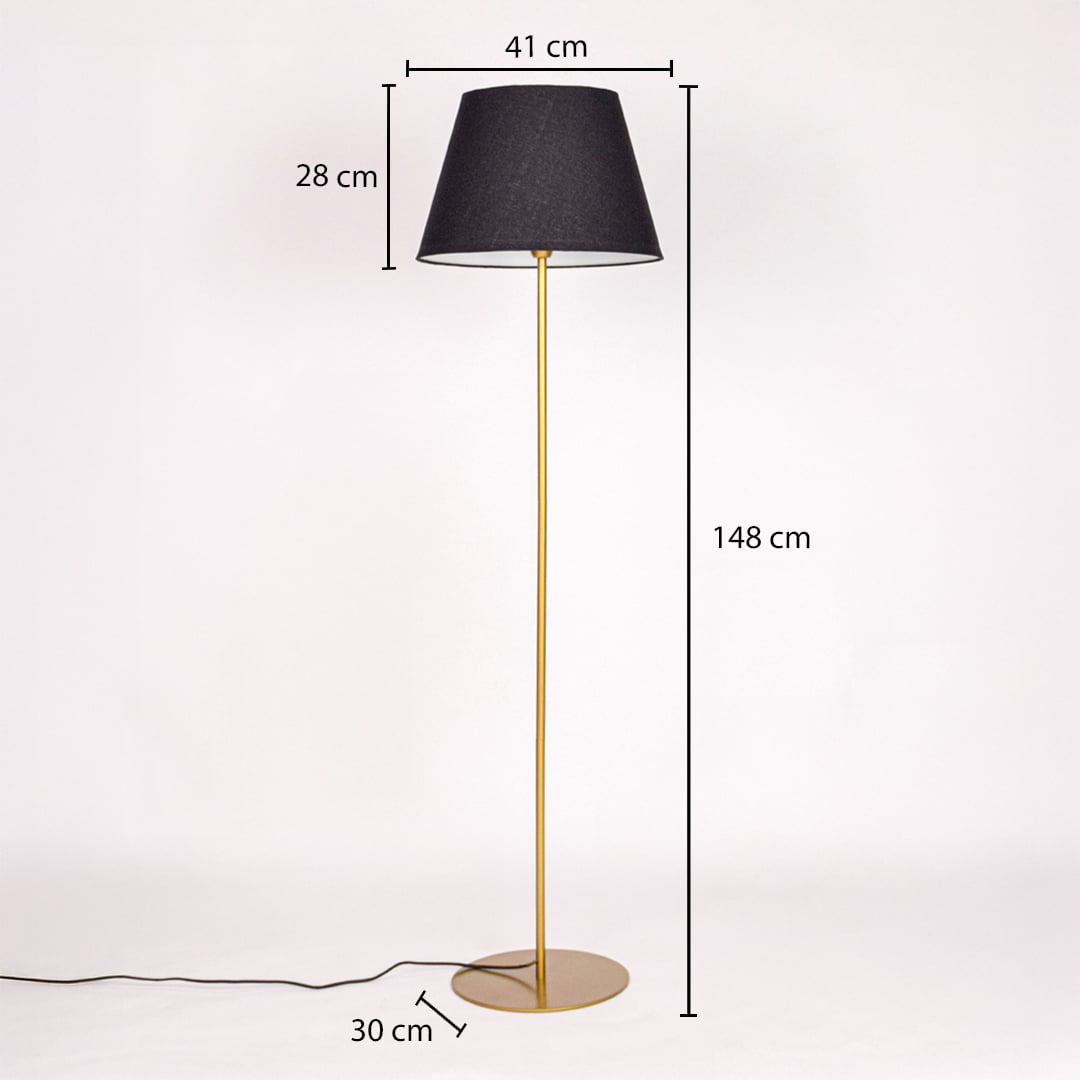 Floor lamp dimension image showing 148 cm height 41 cm shade width and 30 cm base diameter in gold metal finish.