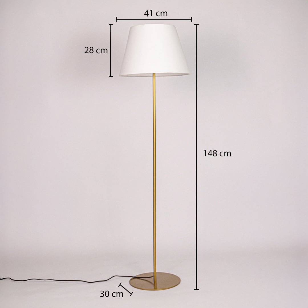 Gold floor lamp showing 148 cm total height 41 cm shade width and 28 cm shade height and 30 cm round base diameter.