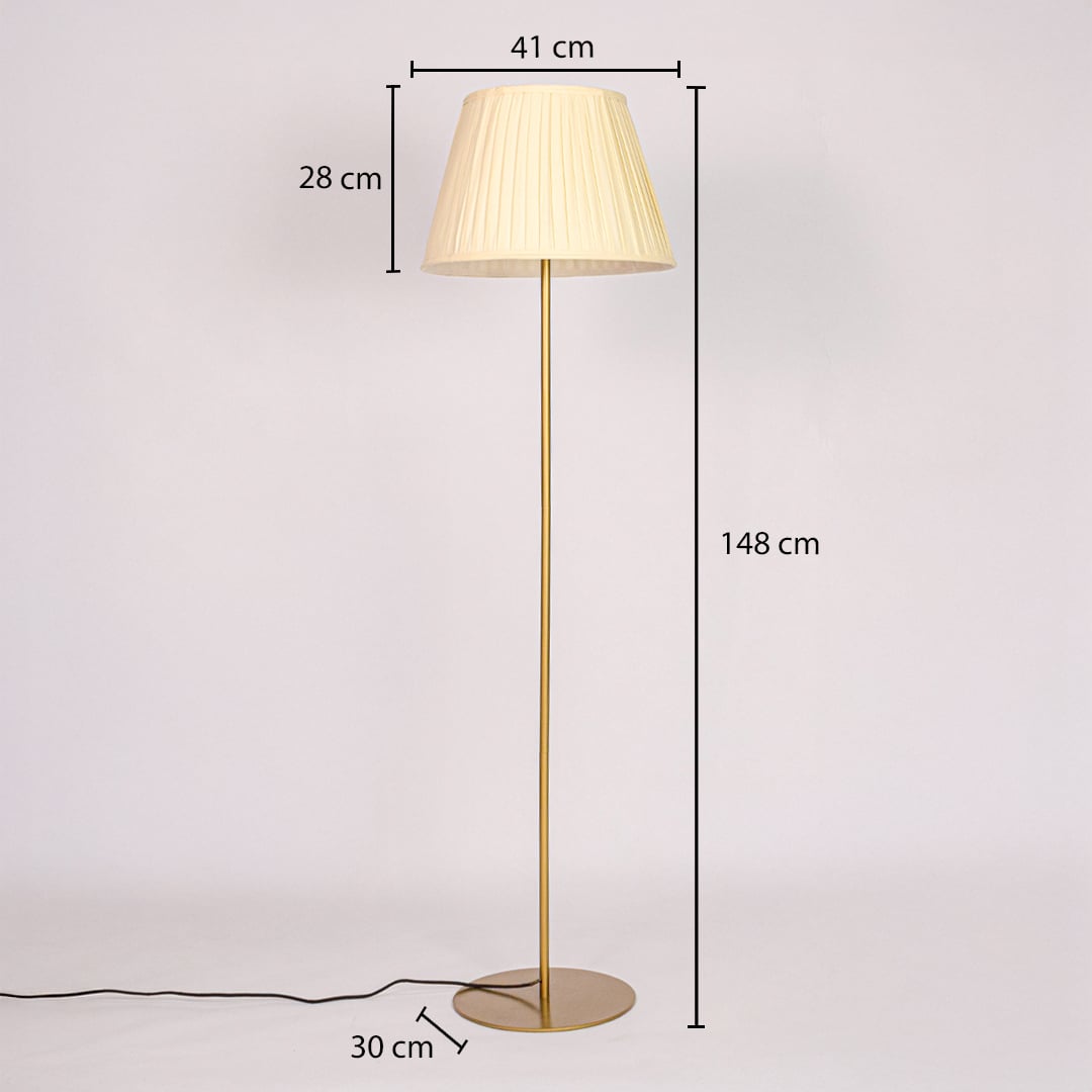 Floor lamp dimension image showing 148 cm height 41 cm shade width and 30 cm base diameter in gold metal finish.