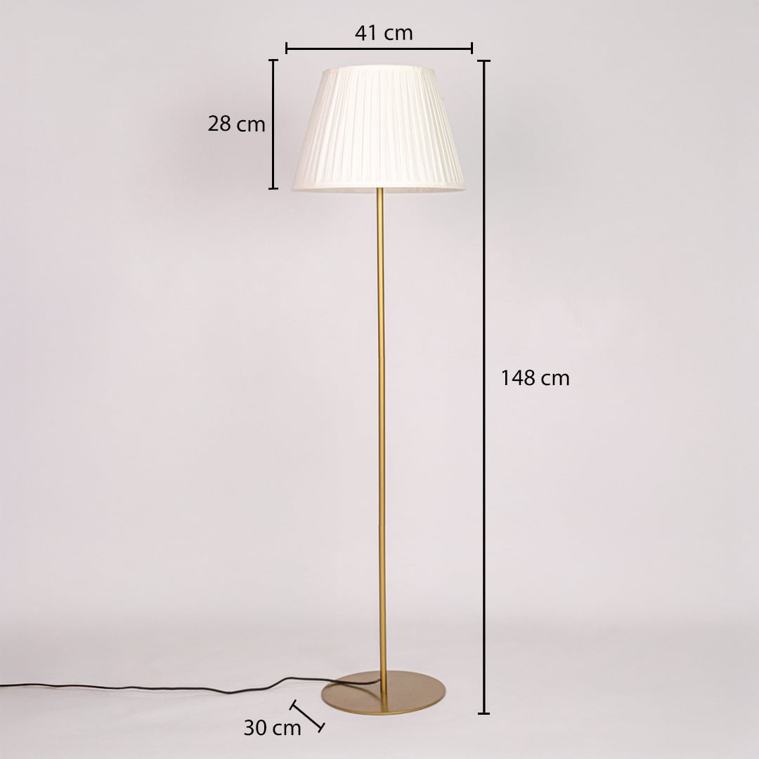 Floor lamp dimension image showing 148 cm height 41 cm shade width and 30 cm base diameter in gold metal finish.