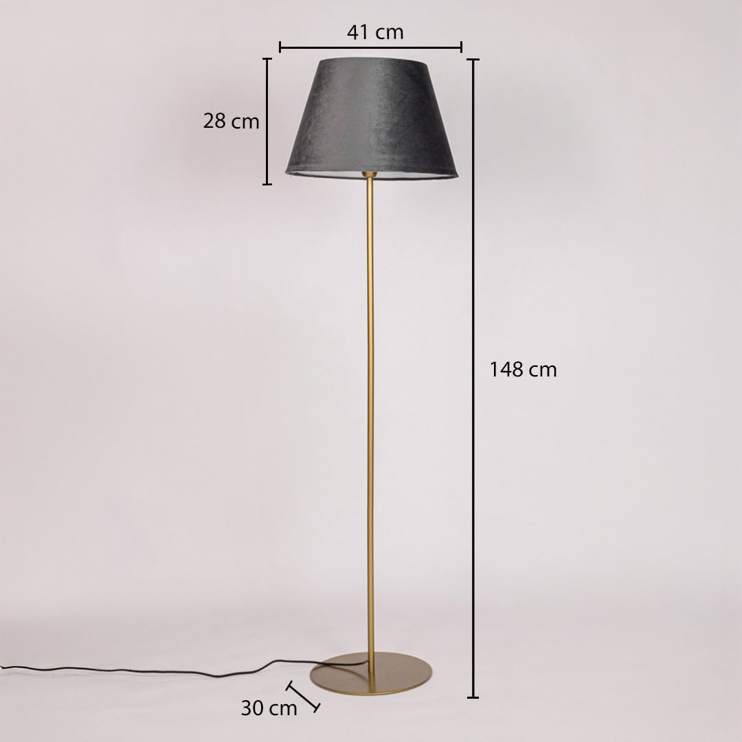 Gold metal floor lamp with black shade dimension image showing 148 cm height 41 cm shade width and 30 cm base size.