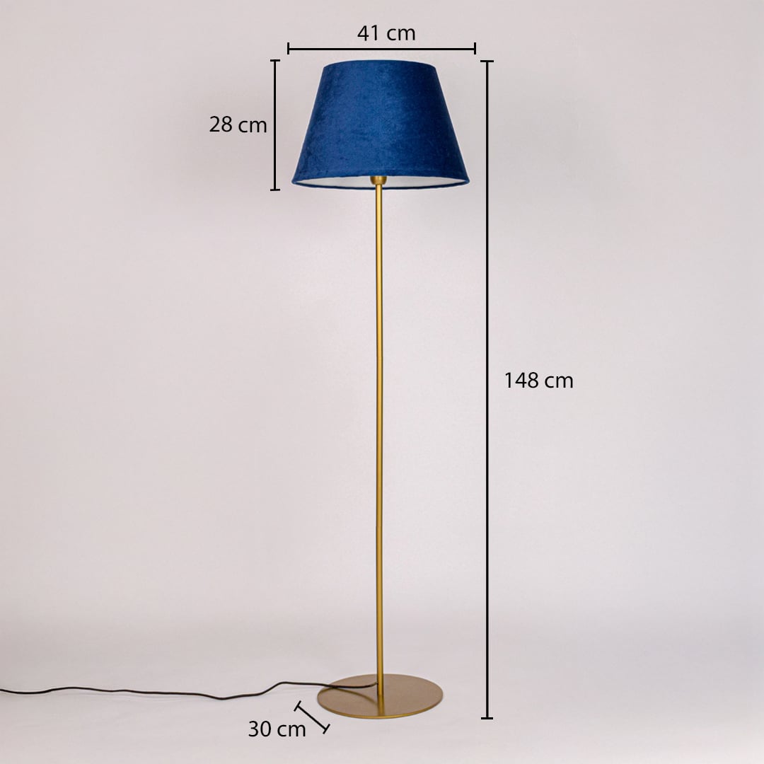 Gold metal floor lamp with blue fabric shade dimension image showing 148 cm height 41 cm shade width and 30 cm base size.