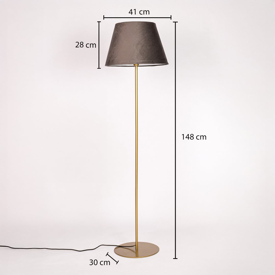 Gold metal floor lamp with dark grey fabric shade dimension image showing 148 cm height 41 cm shade width and 30 cm base.