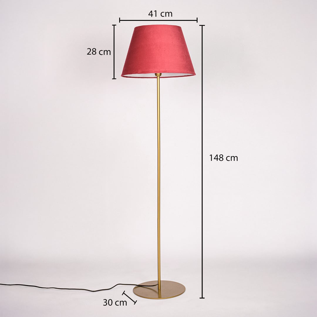 Gold metal floor lamp with red fabric shade dimension image showing 148 cm height 41 cm shade width and 30 cm base size.