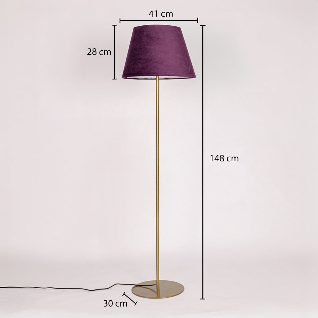 Floor lamp dimension image showing 148 cm height 41 cm shade width and 30 cm base diameter in gold metal finish.