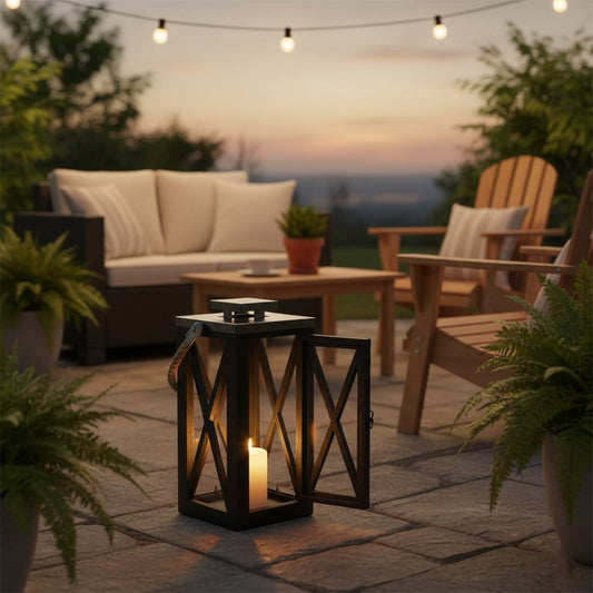 Patio seating area with lantern centerpiece and plants creating cozy sunset mood for outdoor living and home Decor.