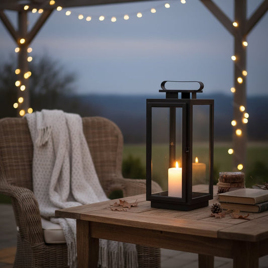 Black metal lantern with clear glass panels styled on floor or entryway creating warm candle lighting for modern home Decor.