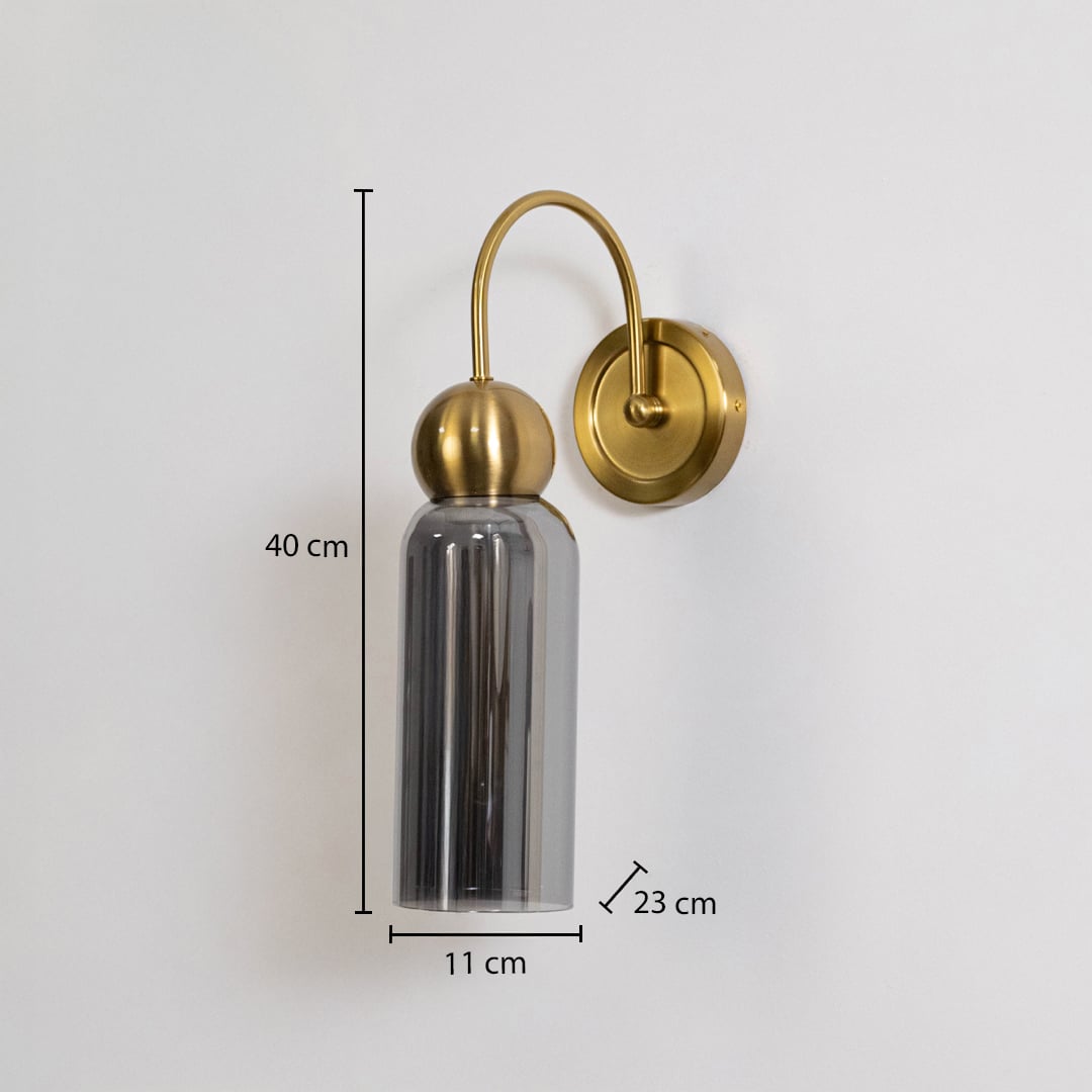 Gold metal wall light with smoked grey glass shade shown with 40 cm height and 11 cm width for accurate dimensions.