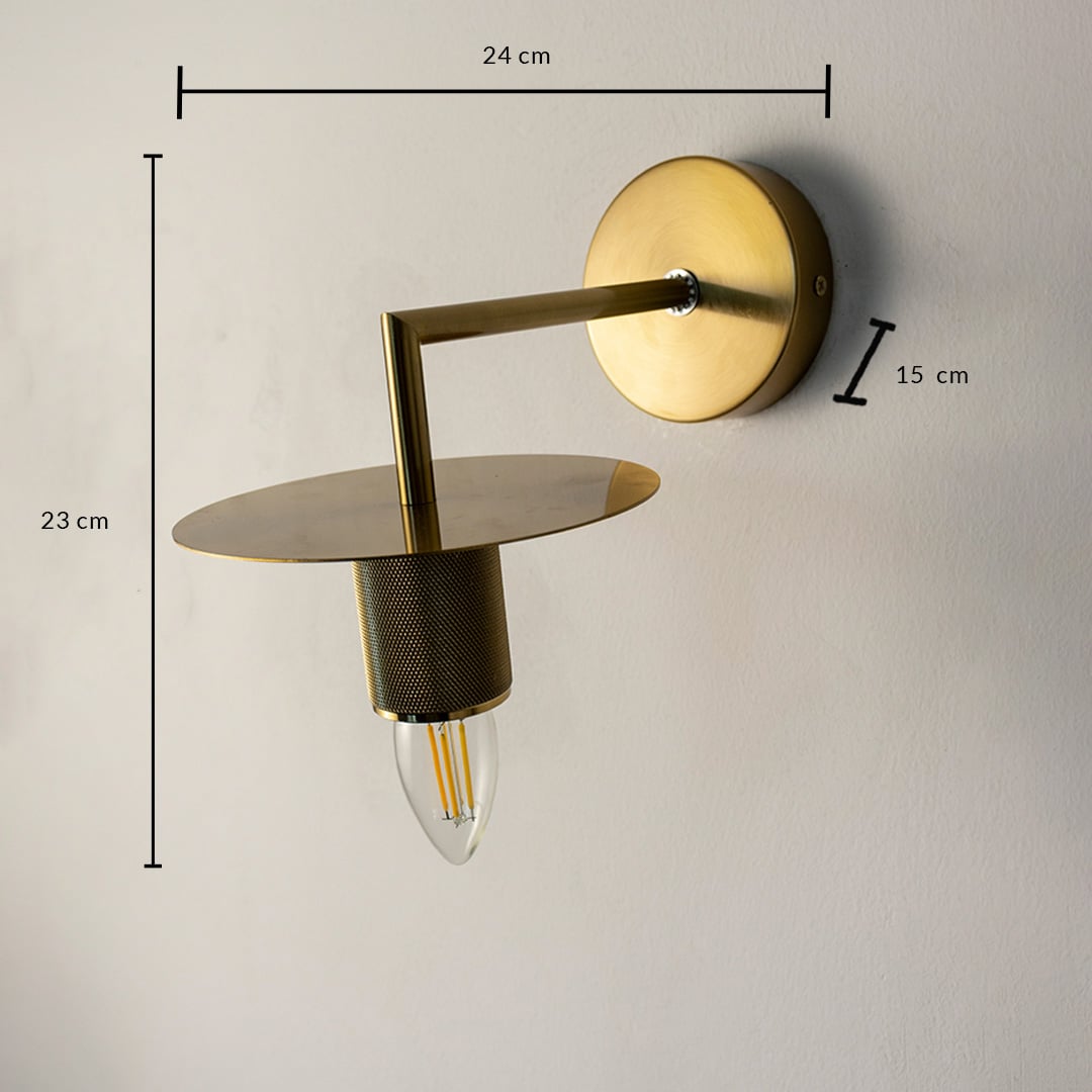 Gold wall light 23 cm high and 24 cm wide shown with dimensions ideal for bedrooms hallways and living spaces.