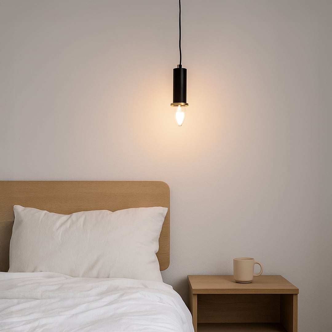 Minimal wall pendant light above bedside table creating warm ambient lighting and modern Scandinavian bedroom decor.